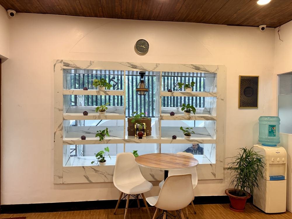 Lounge with plants and shelving